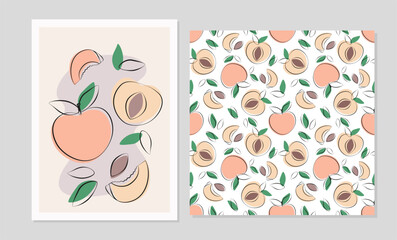 Peach fruits set in flat design. Poster and seamless pattern with peach for fabric, cards, wallpaper in boho style.
