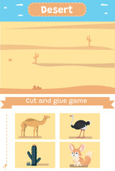 Obraz na płótnie Canvas Vector cut and glue activity. Desert. Animal habitats. Crafting game with animals illustration. Fun printable worksheet. 