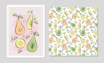 Pear fruits set in flat design. Poster and seamless pattern with pear for fabric, cards, wallpaper in boho style.