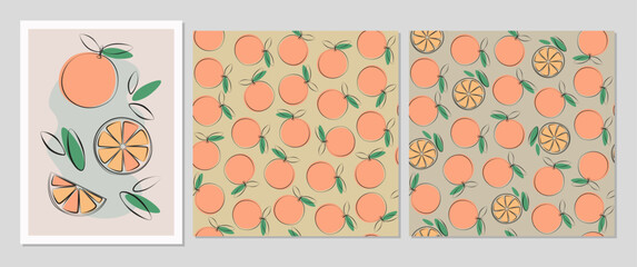 Orange fruits set in flat design. Poster and seamless pattern with orange for fabric, cards, wallpaper in boho style.