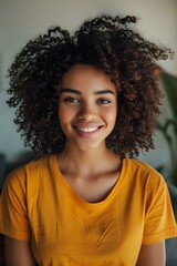 Joyful Black Woman Poses in Bright Home Interior: Closeup Shot. Concept Indoor Portraits, Lifestyle Photography, Home Decor, Closeup Pose