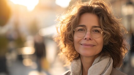 Friendly woman with eyeglasses posing for a portrait against sunny backlight