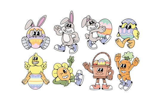 Retro Easter Mascot Character Illustration Set