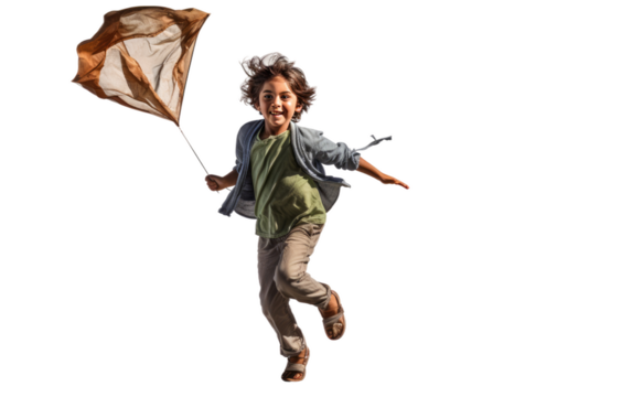 Young Boy Flying Kite in the Air. A young boy, holding a kite string in his hand, is running across a grassy field, with the colorful kite soaring high above him in the sky.
