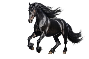 Black Horse. A black horse is shown galloping across a bright white background. The horses movements are dynamic and powerful as it runs with speed and grace across the blank canvas.