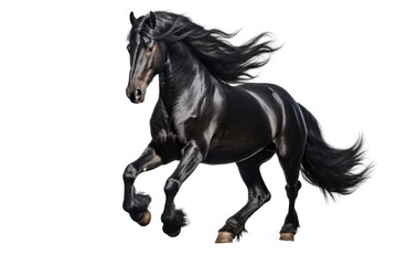 Fototapeta premium Black Horse. A black horse is shown galloping across a bright white background. The horses movements are dynamic and powerful as it runs with speed and grace across the blank canvas.