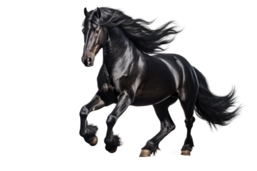 Black Horse. A black horse is shown galloping across a bright white background. The horses movements are dynamic and powerful as it runs with speed and grace across the blank canvas.