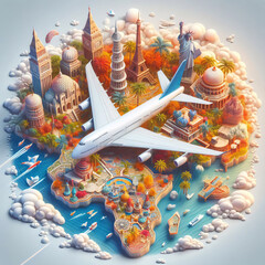 An illustration representing travel and vacation with planes and suitcases