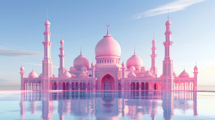 Fototapeta na wymiar islamic pink mosque on blue background