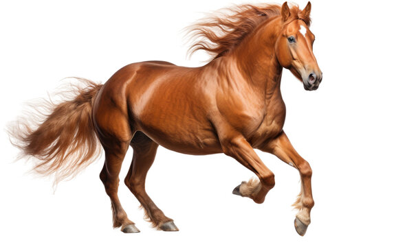 Brown Horse. A brown horse is energetically galloping across a stark white background. Its muscular body is in mid stride, showcasing the power and grace of the animal in motion.