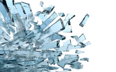 Pile of Broken Glass Pieces. A collection of shattered glass fragments scattered across a clean, white surface. The pieces vary in size and shape, reflecting light in different directions. - obrazy, fototapety, plakaty