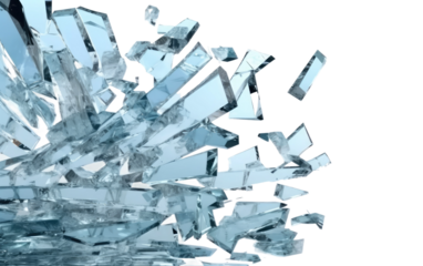 Pile of Broken Glass Pieces. A collection of shattered glass fragments scattered across a clean, white surface. The pieces vary in size and shape, reflecting light in different directions.