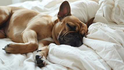 French Bulldog blissfully asleep on a cozy bed, epitomizing relaxation and comfort. - obrazy, fototapety, plakaty
