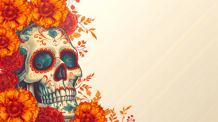 Dia De Los Muertos or Day of the Dead Celebration Banner background with sculls and yellow flowers. Not based on any actual person, scene or pattern.