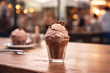 a glass cup with a chocolate ice cream on top