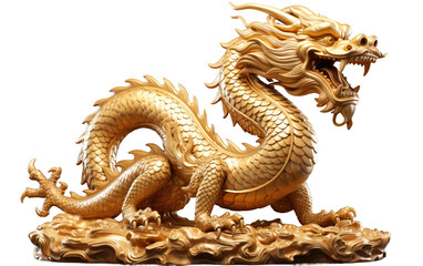 Obraz premium A golden dragon statue is prominently displayed on a table, showcasing intricate details and craftsmanship. The statue exudes a regal and powerful aura, symbolizing strength and mythical significance.