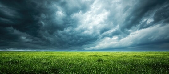 A vast field of green grass stretches out under a heavy, dark sky filled with rain clouds. The ominous clouds imply an impending rainstorm, casting a shadow over the peaceful landscape. - Powered by Adobe