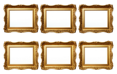 A collection of four intricately framed gold pictures is neatly arranged against a plain white backdrop. Each frame gleams in the light, showcasing a different design or subject matter.