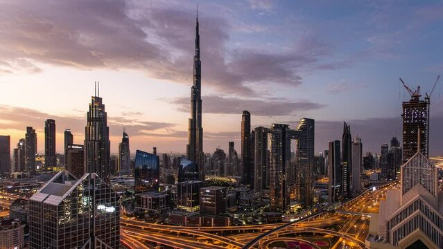 Dubai - Time lapse of cityscape with traffic, aerial view, UAE