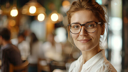 Young professional woman with glasses in a busy cafe, gentle smile, looking at camera.