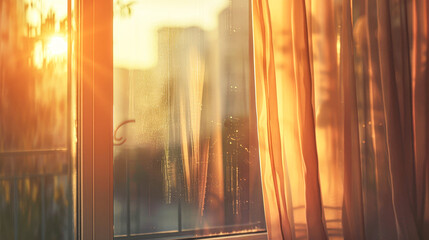  Warm sunlight streaming through sheer curtains by a window, creating a cozy, inviting atmosphere.