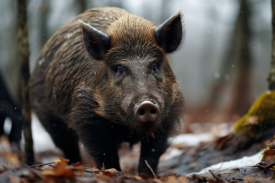 wild boar in winter forest
