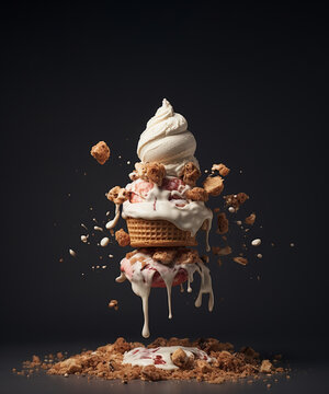 Naklejki A funny creative concept of a flying ice cream in a waffle cup with different flavors, pieces of chocolate and splashes of milk on a dark background.