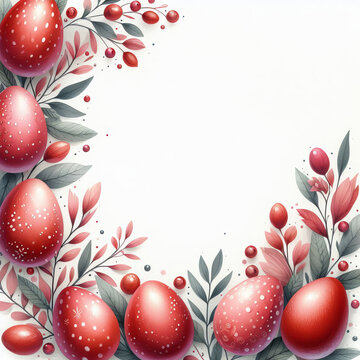 Easter background with red eggs, leaves and berries isolated on white background with copy space for text. Watercolor illustration.