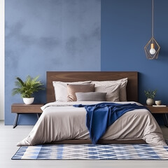 Mockup - obraz na ścianie. Jasna przytulna sypialnia w stylu skandynawskim. Niebieski i brąz kolory wystroju wnętrza i dodatków. Render 3d. Wizualizacja. Home staging