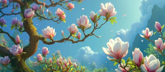 A painting depicting a Mulan magnolia tree with vibrant pink flowers in full bloom, contrasted against a backdrop of a clear blue sky and lush green foliage in a garden setting.