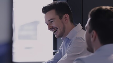 Fototapeta premium A cheerful businessman engages with a colleague in a light-filled office, embodying the positive dynamics of workplace interactions. AI Generative