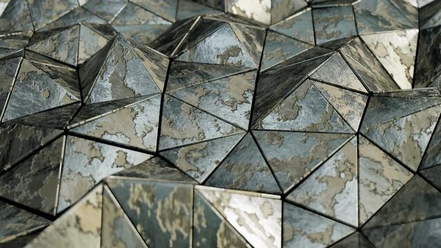 Realistic DOF camera abstract looping 3D animation of the moving textured ancient weathered metallic stucco triangles pattern rendered in UHD as motion background