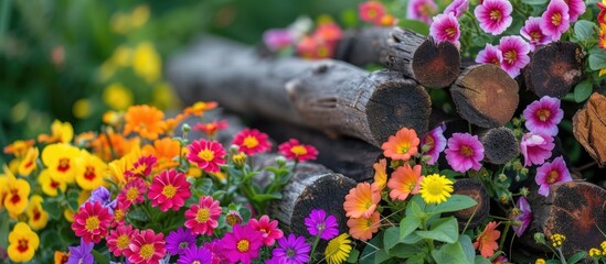 A bunch of vibrant, colorful flowers surround a log pile bug hotel in a natural garden setting. The flowers add a pop of color next to the rustic log structure, creating a blend of beauty and