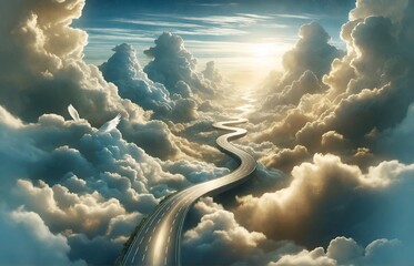 a road winding through the clouds - obrazy, fototapety, plakaty