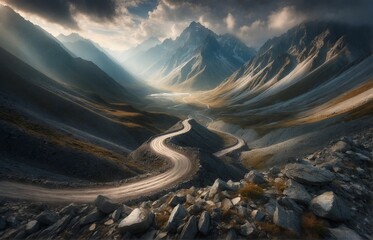 a meandering rocky road slicing through a series of majestic mountains - obrazy, fototapety, plakaty