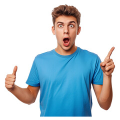 Young surprised man in blue t-shirt pointing right with his finger, shouting WOW - obrazy, fototapety, plakaty