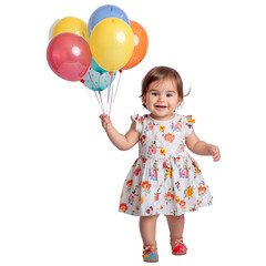 Fototapeta na wymiar Advertising photography with cute adorable gorgeous baby girl in summer dress holding colorful balloons
