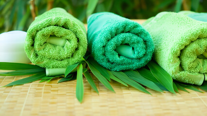 Obraz na płótnie Canvas Soft Pastel Green Towels and Green Leaves on Bamboo Table at Spa