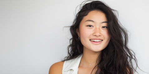 Beautiful studio portrait of young, stylish, beautiful asian woman, long hair, smiling and looking at camera with confidence on white background
