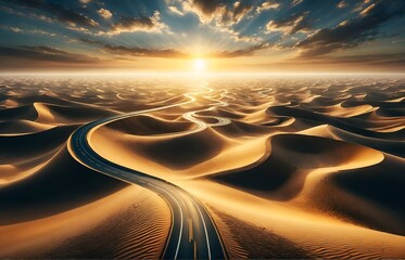 a solitary road winding through the vast sands of the desert - obrazy, fototapety, plakaty