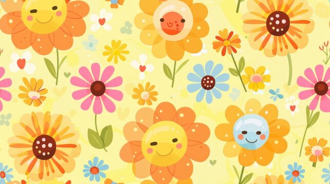Cute funny kawaii smile face flowers, seamless pattern, on yellow pastel background