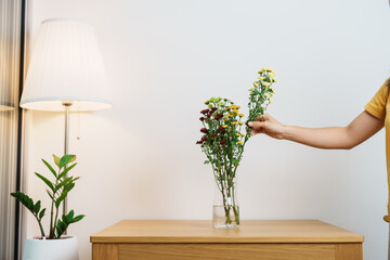 Woman hand arrange Colorful flowers bouquet in mason jar on table background. Happy day with fresh flower - obrazy, fototapety, plakaty