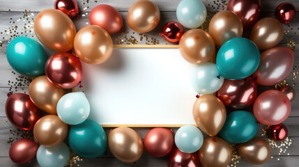 Fototapeta na wymiar Party frame background with Christmas baubles and balloons