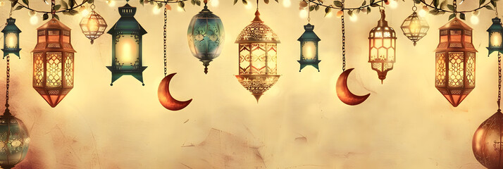 Garland with lanterns and moon adorn a festive Islamic backdrop Moroccan lanterns at night. Glittering party garlands. Ramadan kareem, Eid Mubarak. Eastern holiday design on beige background. - obrazy, fototapety, plakaty