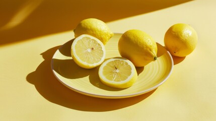 Fresh whole and sliced lemon on a turquoise plate against a yellow background