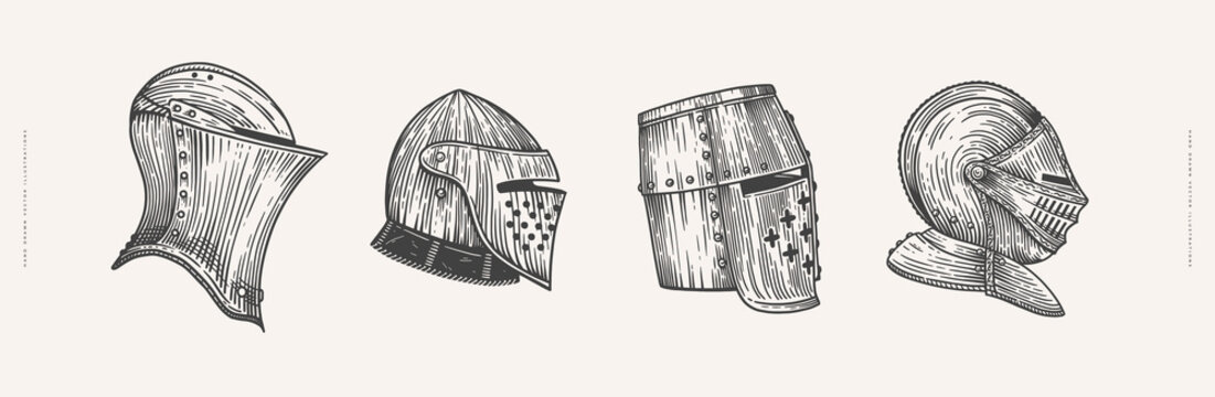 Collection of helmets of foot and mounted knights with visors in engraving style on a light isolated background. Armor of the medieval warrior. Vintage vector illustration.