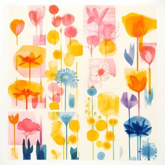 Obraz premium Composition tiles of transparent watercolor flowers. Flat herbarium flowers through x-ray. Silhouettes of watercolor flowers, leaves and twigs for decorating invitations, banners, fabric