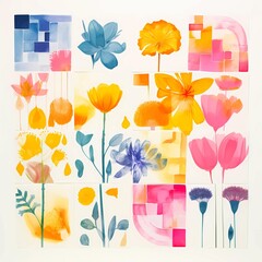 Composition tiles of transparent watercolor flowers. Flat herbarium flowers through x-ray. Silhouettes of watercolor flowers, leaves and twigs for decorating invitations, banners, fabric