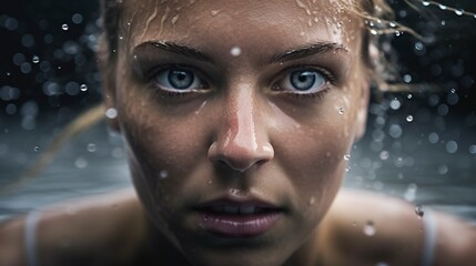 Fototapeta na wymiar female swimmer, beautiful young woman's face and pretty eyes.Generative AI