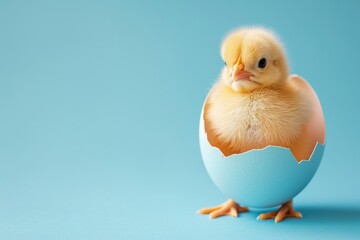 cute and fluffy newborn chick beside a cracked eggshell on a bright yellow background, embodying the spirit of spring and new beginnings - obrazy, fototapety, plakaty